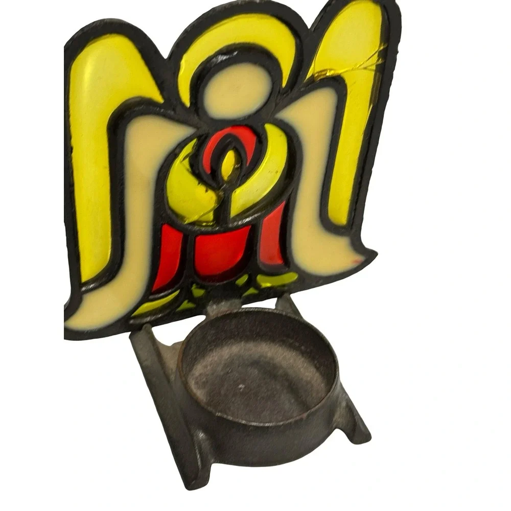 Vintage Stained Glass Angel Candle Holder Christmas Decor Yellow Red Winged